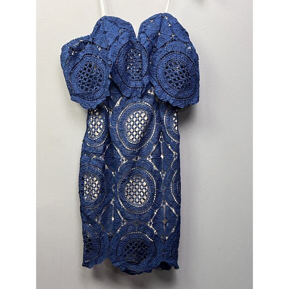 Lulu’s Bellissimo Lace Off-the-Shoulder Bodycon Dress Womens Small Blue Lined‎ - Picture 1 of 10
